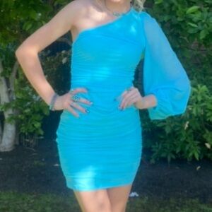 One Shoulder Teal Tight Short Dress